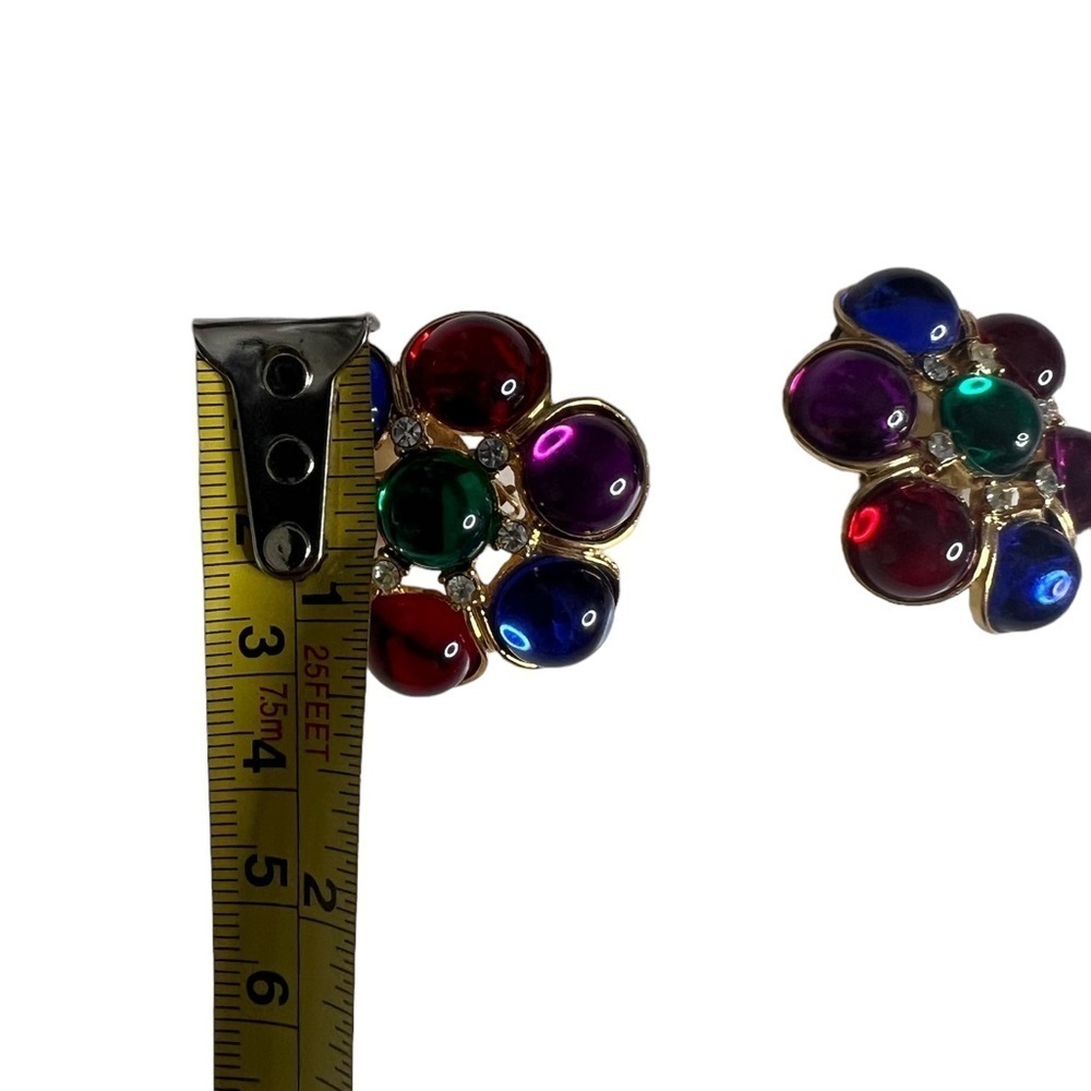 Vintage Oversized Gold Tone Body With Six Color Stones Earrings - Picture 7 of 7